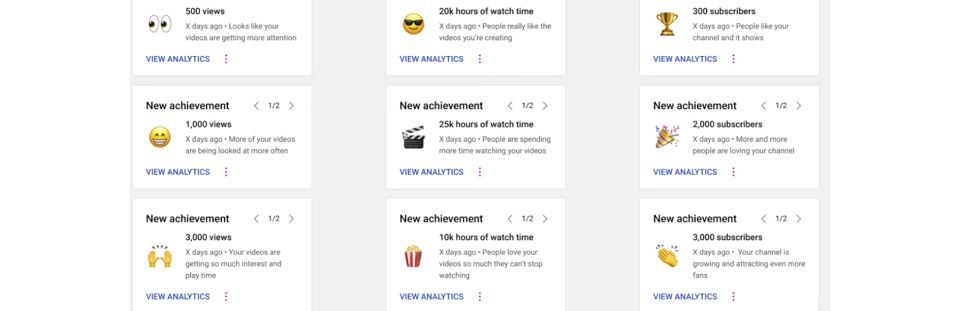 YouTube добавляет карточки достижений для созданных каналов на YouTube
