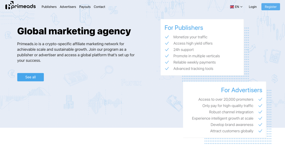 Primeads: партнерка с крипто офферами по CPA, CPL и RevShare
