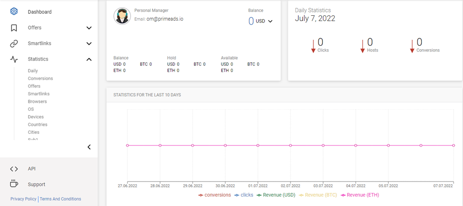 Primeads: партнерка с крипто офферами по CPA, CPL и RevShare