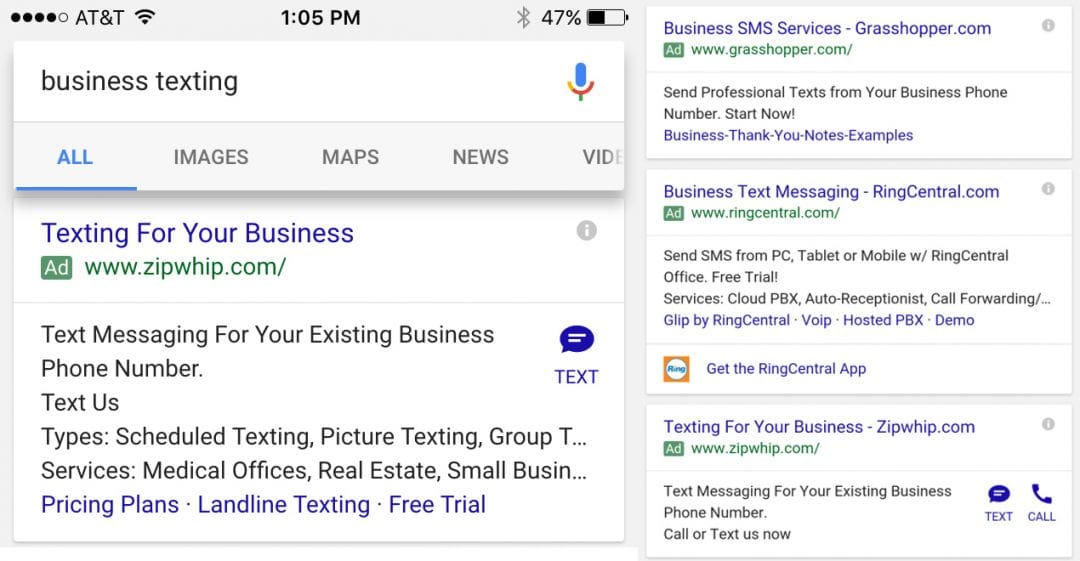 Google AdWords тестирует кнопки для текстовых сообщений