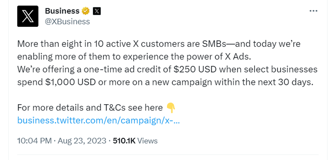 Twitter (X) анонсировала выдачу рекламных кредитов на сумму 250 долларов для рекламодателей