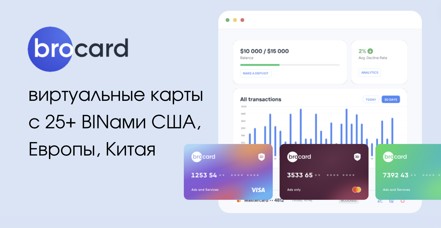 Brocard: виртуальные карты с BINами США, Европы, Китая, инвестиции для  команд и агентские кабинеты под FB, GA, Apple, Unity, Reddit