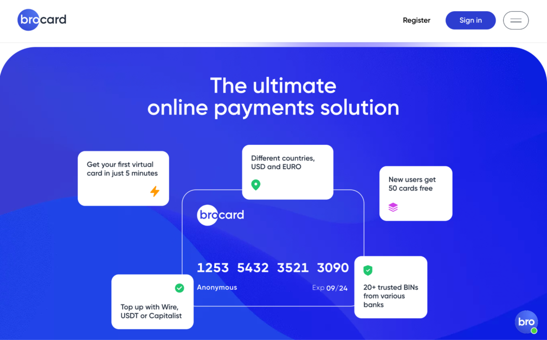 Brocard: виртуальные карты с BINами США, Европы, Китая, инвестиции для команд и агентские кабинеты под FB, GA, Apple, Unity, Reddit