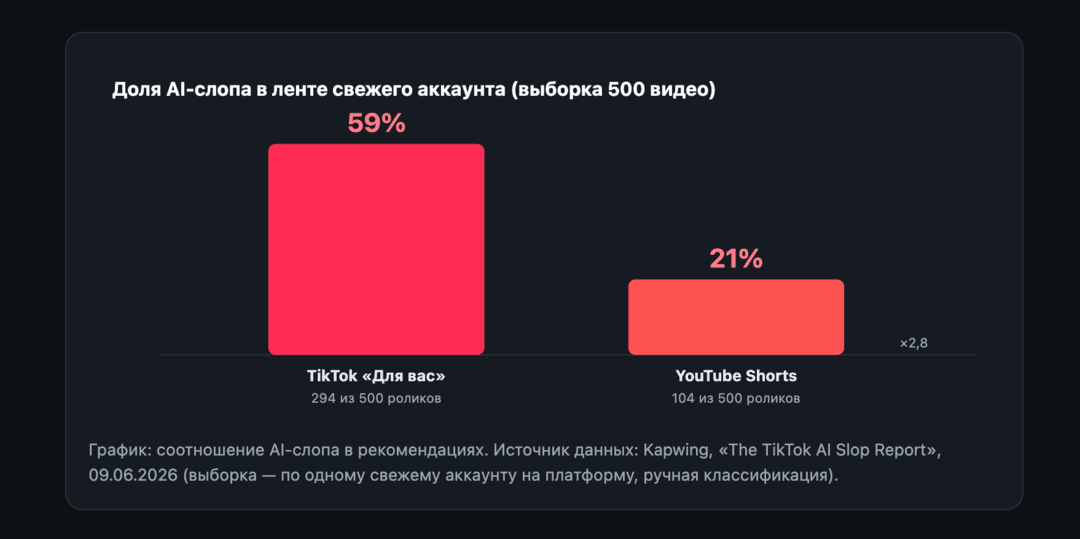 Ты клубника, я клубника... Более 59% видео в TikTok сегодня - это AI слоп, треш контент созданный неросетками. Разбираем исследование Kapwing