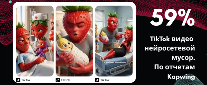 Ты клубника, я клубника... Более 59% видео в TikTok сегодня - это AI слоп, треш контент созданный неросетками. Разбираем исследование Kapwing