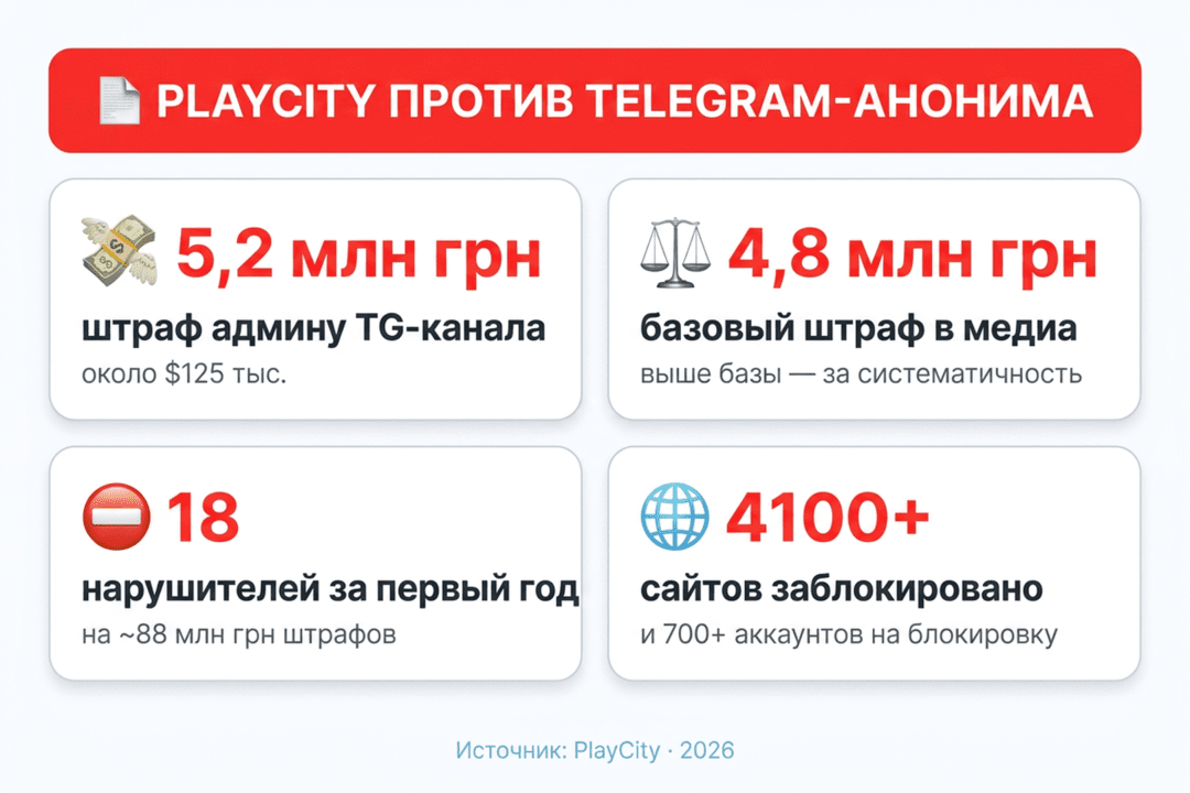 PlayCity впервые дотянулся до анонима: админ Telegram-канала попал на 5,2 млн грн за рекламу нелегальных казино
