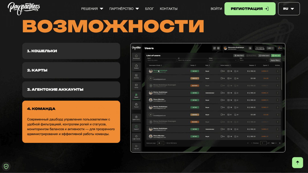 PayPartners: виртуальные карты, обмен крипты, финансы команды и агентские кабинеты в одном интерфейсе