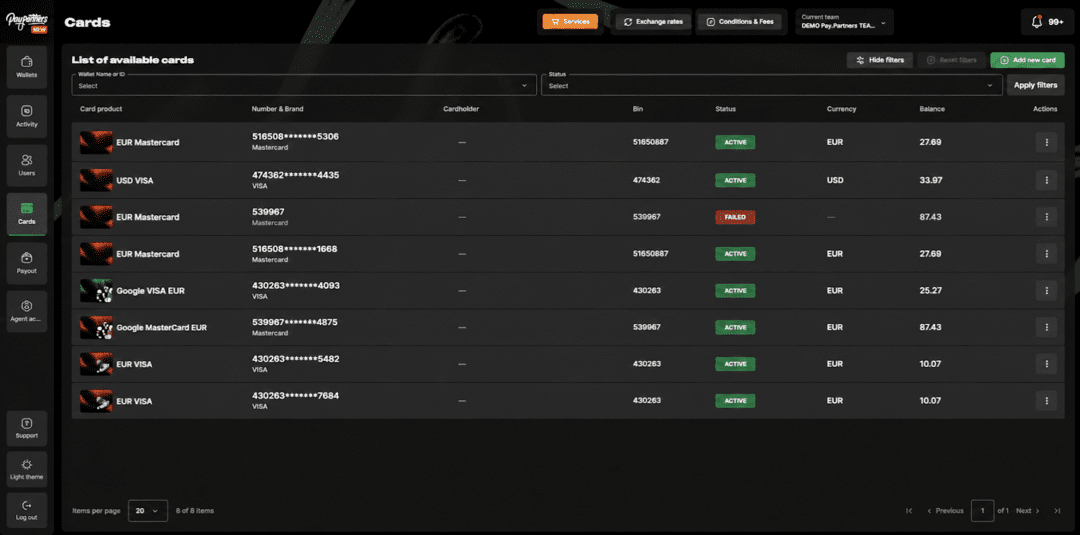 PayPartners: виртуальные карты, обмен крипты, финансы команды и агентские кабинеты в одном интерфейсе