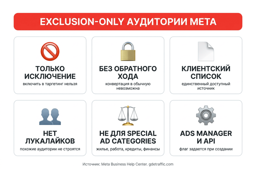 Meta ввела exclusion-only аудитории в Facebook Ads: список только на исключение, обратно не отыграть