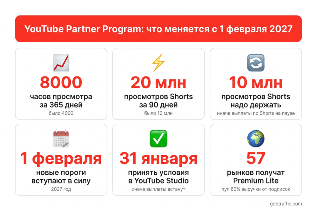 YouTube удваивает порог входа в монетизацию с 1 февраля 2027: 8000 часов просмотра вместо 4000