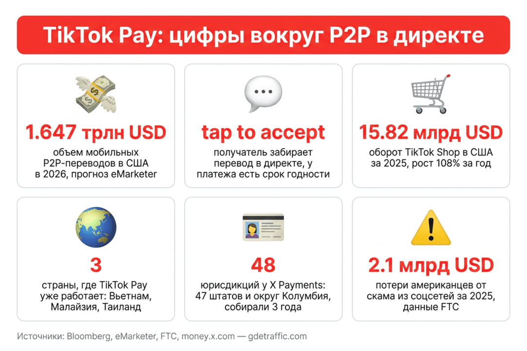 P2P-переводы в директе TikTok: в коде нашли TikTok Pay мимо Venmo и Zelle, а рынок - 1.647 трлн USD