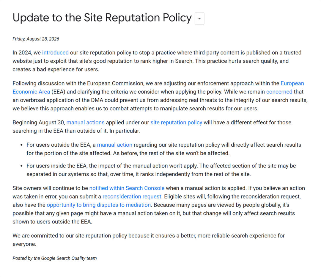 Google снял ручные санкции за паразитное SEO в ЕЭЗ: site reputation abuse больше не режет выдачу в Европе
