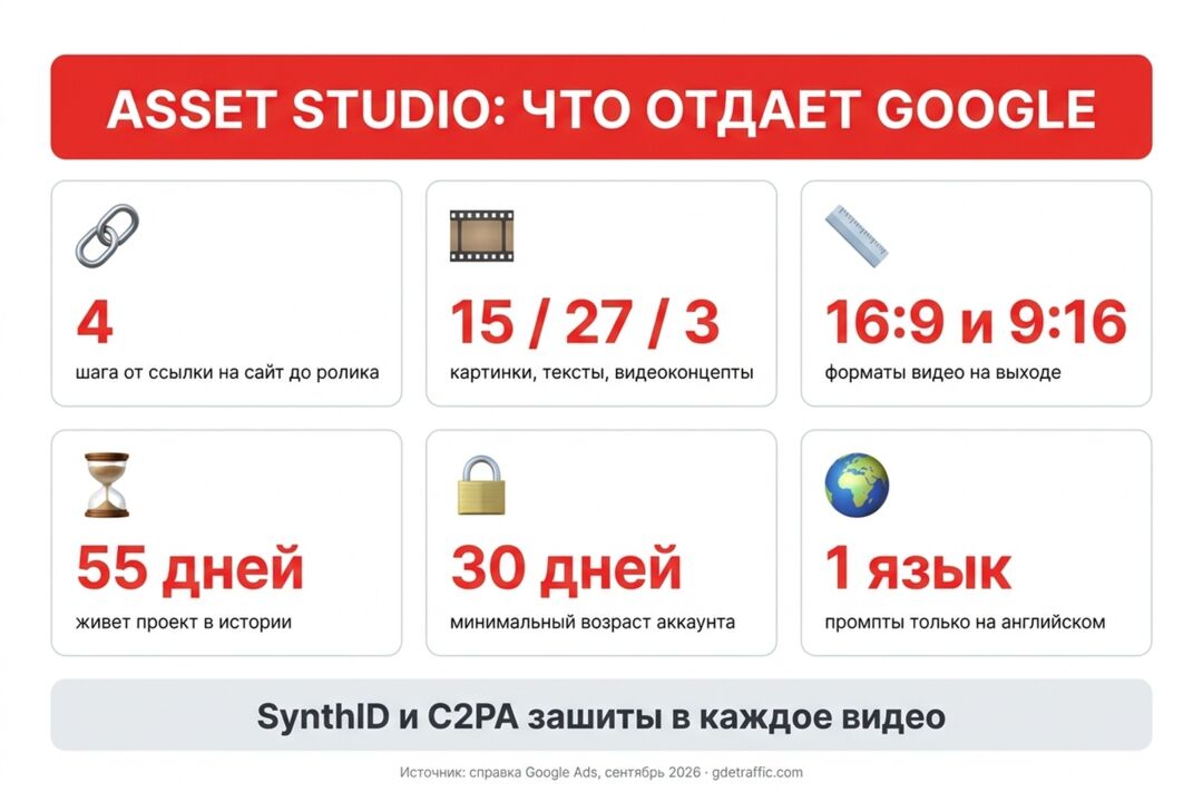 Google Ads снимает видеокрео сам - по брифу и ссылке на сайт. И вшивает в ролик метку SynthID