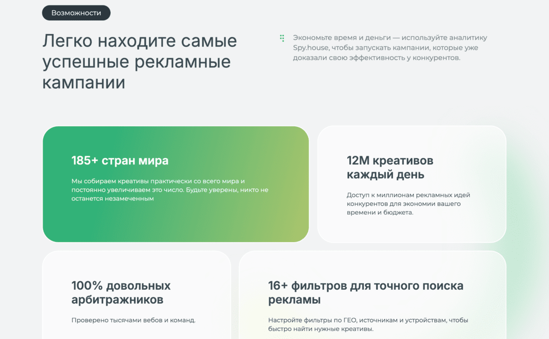 Spy House: спай сервис для арбитража от 29 долларов - Facebook, TikTok, Push, Adult крео и White Page