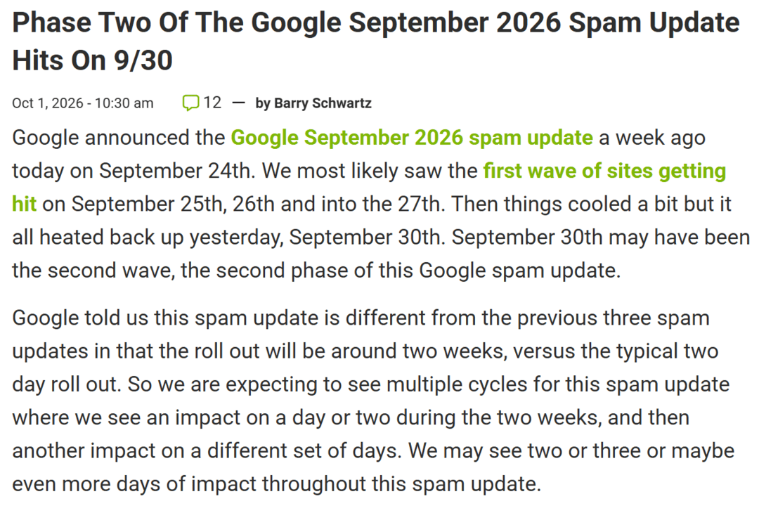 Google September 2026 Spam Update: вторая волна, 14 дней раскатки и новая экономика SEO-сеток