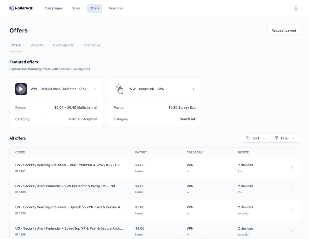 RollerAds рекламная платформа: 7 млрд показов в сутки, пополнение от 50 USD, рекламная и CPA-сеть с арбитражными офферами. Обзор платформы