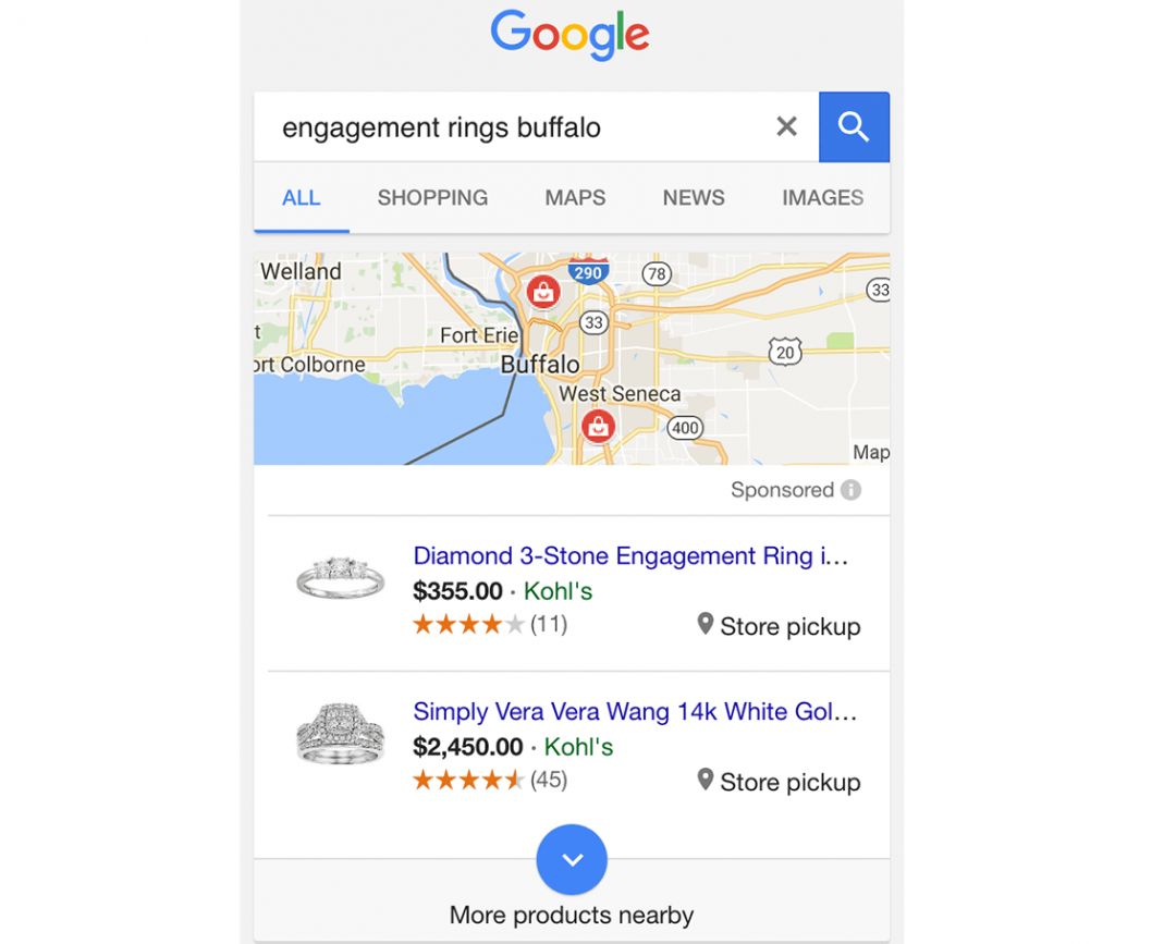 Эксперименты Google: показ товарки в блоке локальной выдачи